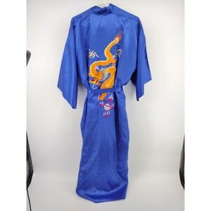 Lian Lin Blue Satin Embroidered Dragon Robe Kimono Long Loungewear One Size